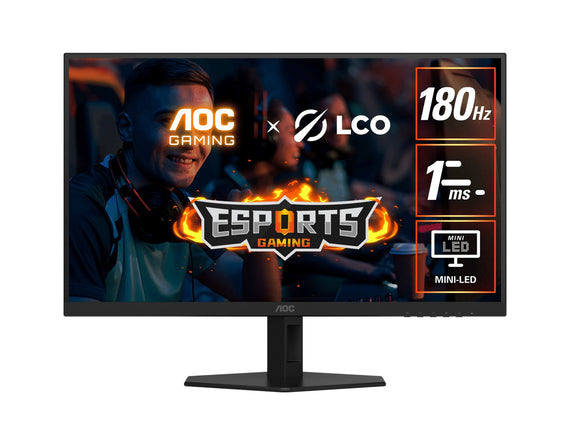 AOC 27' QD-MiniLED Monitor – QHD 180Hz, 1ms, 5000:1 contrast, 1200 nits peak HDR, Quantum Dot VA, 148% sRGB, DP 1.4, HDMI 2.0, tilt adjusable