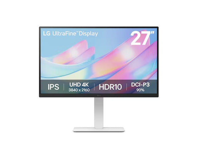 LG 27' 4K UHD UltraFine™ IPS Monitor with HDR10, DCI-P3 90%, 300 nits, USB-C, 3840×2160 resolution, 5ms, 60Hz, and tilt/height/swivel/pivot stand