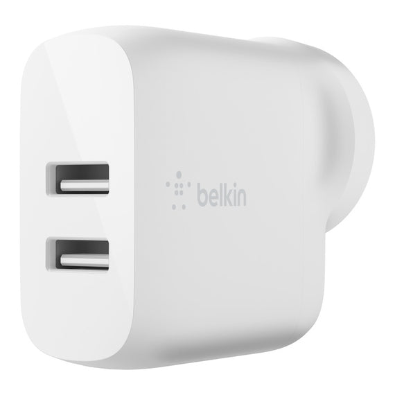Belkin BoostCharge 24W Dual USB-A Wall Charger - White (WCB002auWH), 2xUSB-A (12W), Safe & Efficient, Apple iPhone, CEW $2500, 2 Years Warranty