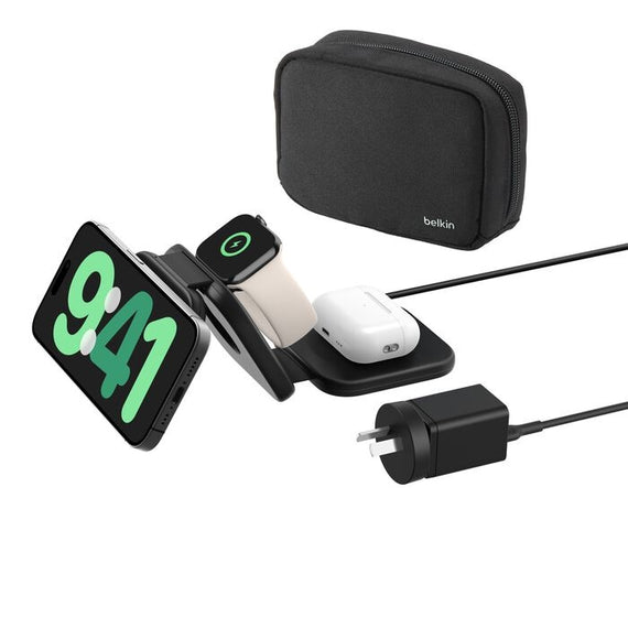 Belkin BoostCharge Pro 3-in-1 Magnetic Qi2 Wireless Travel Pad + 36W Wall Charger + USB-C Cable (1.5M) - Black (WIZ024auBK), 15W, 2 Years Warranty