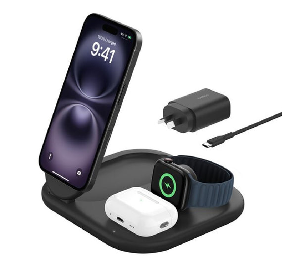 Belkin BoostCharge 3-in-1 Magnetic Foldable Qi2 Wireless Charger + 36W Wall Charger + USB-C Cable (1.5M) - Black (WIZ029auBK), 15W, 2 Years Warranty