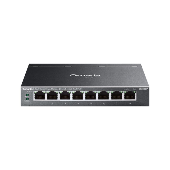 TP-Link ES208GP  Omada 8-Port Gigabit Easy Managed Switch with 8-Port PoE+, 8× Gigabit PoE+ Ports , 802.3at/af, 64 W PoE Power,  Desktop Steel Case an