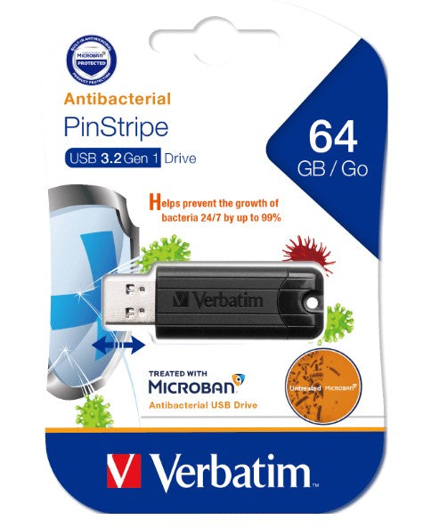 (LS)Verbatim 64GB Antibacterial Pinstripe USB 3.0 Drive (with Microban®) Black